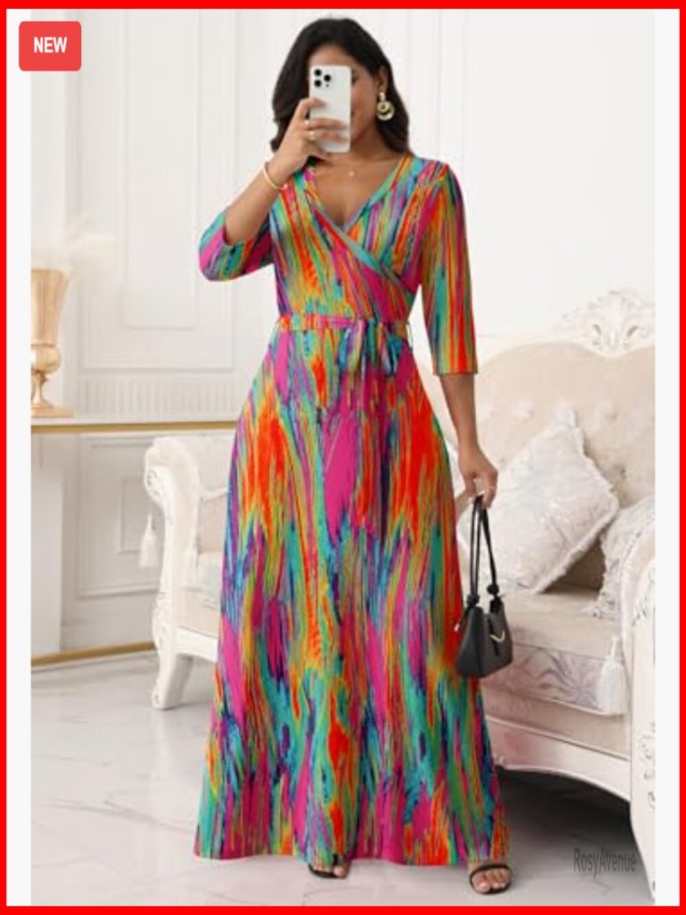 V Neck Wrap Maxi Dress with Tie Belt 3/4 Sleeve - Picture 3 of 7